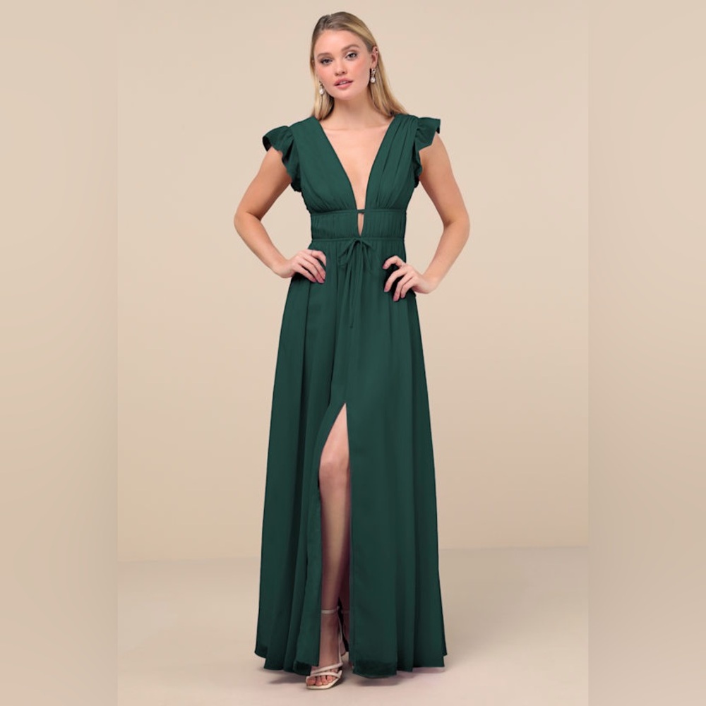 Lulu's Emerald Green V-Neck Ruffle Sleeve Maxi Dress